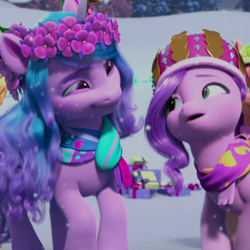 Size: 690x690 | Tagged: safe, screencap, izzy moonbow, pipp petals, pegasus, pony, unicorn, g5, my little pony: make your mark, winter wishday, spoiler:g5, adorapipp, clothes, cropped, cute, duo, female, floral head wreath, flower, izzybetes, looking at each other, looking at someone, mare, scarf