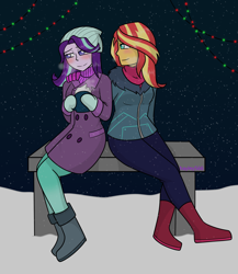 Size: 1874x2155 | Tagged: safe, artist:hayley566, starlight glimmer, sunset shimmer, human, equestria girls, g4, beanie, bench, blushing, boots, chocolate, christmas, christmas lights, clothes, coat, cute, drink, duo, empathy cocoa, female, food, glimmerbetes, gloves, hat, holiday, hot chocolate, hug, jacket, lesbian, night, scarf, shimmerbetes, ship:shimmerglimmer, shipping, shoes, sitting, smiling, snow, stars, sweater, winter outfit