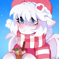 Size: 1500x1500 | Tagged: safe, artist:zlatavector, oc, oc only, oc:afina rye, bat pony, pony, bat pony oc, blushing, chocolate, clothes, commission, drinking straw, female, food, gift art, hot chocolate, mare, outfit, scarf, solo, striped scarf