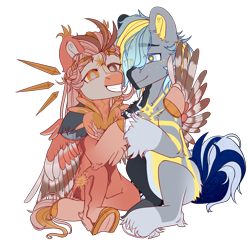 Size: 2500x2400 | Tagged: safe, artist:medkit, oc, oc only, oc:obscure constellation, oc:vespera starshine, bird, earth pony, hybrid, parrot, pegasus, pony, 2023 community collab, derpibooru community collaboration, chest fluff, crescent moon, duo, eyes open, feather, feather tail, female, fluffy, four wings, freckles, hair over one eye, high res, hoof to hoof, horseshoes, hug, long mane, long tail, looking at you, male, mare, moon, multiple wings, paint tool sai 2, partially open wings, pigtails, raised hoof, simple background, sitting, sketch, smiling, spread wings, stallion, stars, sun, tail, tassels, teeth, transparent background, wings