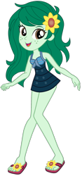 Size: 936x2005 | Tagged: safe, artist:ajosterio, wallflower blush, human, equestria girls, g4, bare shoulders, clothes, clothes swap, feet, female, flower, flower in hair, freckles, legs, open mouth, sandals, simple background, sleeveless, smiling, solo, swimsuit, swimsuit swap, transparent background