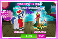 Size: 1957x1297 | Tagged: safe, gameloft, welcome inn, earth pony, pony, g4, my little pony: magic princess, advertisement, balloon, bellhop, bellhop pony, bush, clothes, costs real money, english, hat, introduction card, male, numbers, sale, solo, stallion, text