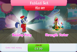 Size: 1264x858 | Tagged: safe, gameloft, welcome inn, earth pony, pony, g4, my little pony: magic princess, balloon, bellhop, bellhop pony, bundle, bush, clothes, costs real money, english, fabled set, hat, male, numbers, sale, solo, stallion, text