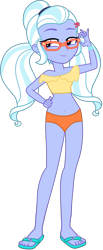 Size: 929x2255 | Tagged: safe, artist:ajosterio, sugarcoat, human, equestria girls, g4, belly button, bikini, bikini bottom, bikini top, clothes, feet, female, glasses, hairpin, hand on hip, legs, midriff, ponytails, sandals, simple background, smiling, solo, swimsuit, transparent background