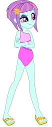 Size: 568x1360 | Tagged: safe, artist:ajosterio, sunny flare, human, equestria girls, g4, bare shoulders, clothes, crossed arms, feet, female, hairpin, legs, raised eyebrow, sandals, sexy, simple background, sleeveless, smiling, solo, swimsuit, transparent background