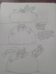 Size: 1944x2592 | Tagged: safe, artist:princebluemoon3, smolder, yona, dragon, yak, 3 panel comic, angry, argument, belly, big belly, comic, comic strip, dialogue, double chin, dragoness, duo, duo female, fat, fat yona, female, flying, grayscale, huge belly, implied sandbar, implied shipping, implied straight, implied yonabar, monochrome, morbidly obese, need to go on a diet, obese, pointing, pushing, size difference, sketch, stuck, too fat, too fat to fit, too fat to get through, traditional art, trapdoor, vertical, weight gain, yelling