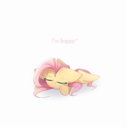 Size: 1024x1024 | Tagged: safe, artist:miryelis, fluttershy, pegasus, pony, chibi, cute, eyes closed, long hair, lying, shyabetes, simple background, solo, spread wings, text, white background, wings