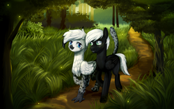 Size: 5763x3615 | Tagged: safe, artist:rvsbhrt, oc, oc only, griffon, pegasus, pony, duo, female, forest, grass, male, male and female, path, scenery, tree, walking