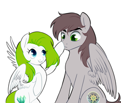 Size: 1350x1153 | Tagged: safe, artist:rvsbhrt, oc, oc only, oc:gonta, oc:limon, pegasus, pony, boop, duo, female, husband and wife, male, male and female, simple background, white background