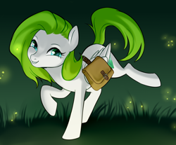 Size: 1486x1230 | Tagged: safe, artist:rvsbhrt, oc, oc only, oc:limon, firefly (insect), insect, pegasus, pony, bag, grass, saddle bag, smiling, solo