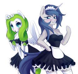 Size: 3688x3527 | Tagged: safe, artist:rvsbhrt, oc, oc only, oc:limon, oc:sky, unicorn, anthro, blue eyes, clothes, female, green eyes, high res, maid, mare, shy, simple background, smiling, socks, white background