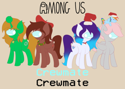 Size: 7016x4961 | Tagged: safe, artist:draconightmarenight, oc, oc:anykoe, oc:autumn rosewood, oc:cotton puff, oc:oc:nicole sunstone, pony, unicorn, among us, brown pony, christmas accessory, clothes, colored sketch, green pony, grey pony, monthly reward, solo, suit, the crewmate, white pony