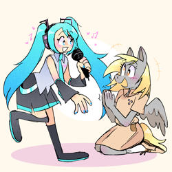 Size: 2000x2000 | Tagged: safe, artist:stevetwisp, derpy hooves, human, pegasus, anthro, plantigrade anthro, g4, anime, blushing, boots, clapping, clothes, crossover, crossover shipping, cute, derpabetes, derpy nohooves, derpymiku, dress, female, happy, hatsune miku, headphones, high res, lesbian, microphone, nail polish, necktie, pigtails, shipping, shoes, singing, skirt, smiling, socks, twintails, vocaloid