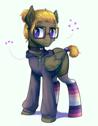 Size: 3872x4952 | Tagged: safe, artist:rvsbhrt, oc, oc only, oc:donnik, pegasus, pony, clothes, collar, commission, glasses, heart, hoodie, jewelry, pendant, smiling, socks, solo, striped socks, ych result