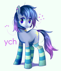Size: 4482x5232 | Tagged: safe, artist:rvsbhrt, oc, oc only, bell, bell collar, clothes, collar, heart, simple background, socks, solo, striped socks, ych example, your character here