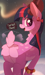 Size: 3024x5000 | Tagged: safe, artist:nookprint, twilight sparkle, deer, reindeer, bow, bracelet, butt, deerlight sparkle, jewelry, looking at you, open mouth, plot, rear view, reindeerified, solo, species swap, tail, tail wiggle, twibutt