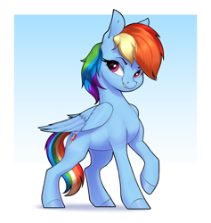 Size: 2800x2950 | Tagged: safe, artist:aquaticvibes, rainbow dash, pegasus, pony, g4, colored hooves, female, folded wings, gradient background, high res, looking at you, mare, raised hoof, smiling, smirk, solo, wings