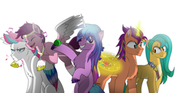 Size: 4200x2220 | Tagged: safe, artist:ectttan, hitch trailblazer, izzy moonbow, pipp petals, sunny starscout, zipp storm, alicorn, earth pony, pegasus, pony, unicorn, g5, my little pony: a new generation, ^^, ball, brothers, colored wings, eye clipping through hair, eyes closed, female, folded wings, frown, gradient wings, grin, group, grumpy, harness pathfinder, high res, horn, hug, isaac crestie, izzy's tennis ball, male, male alicorn, mane five, music notes, one eye closed, open mouth, open smile, pip corolla, quintet, race swap, royal brothers (g5), rule 63, siblings, simple background, singing, sitting, smiling, spread wings, stallion, sun starchaser, sunnycorn, tennis ball, unamused, wall of tags, white background, wings, zip cyclone