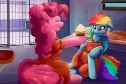 Size: 4096x2731 | Tagged: safe, artist:applephil, pinkie pie, rainbow dash, earth pony, pegasus, pony, g4, clothes, commission, commissioner:rainbowdash69, cupcake, food, jail, jail cell, jumpsuit, never doubt rainbowdash69's involvement, prison, prison outfit, prisoner pp, prisoner rd