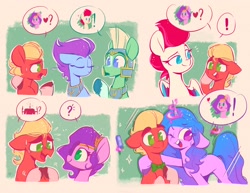 Size: 2200x1700 | Tagged: safe, artist:scribble-potato, izzy moonbow, pipp petals, sprout cloverleaf, thunder flap, zipp storm, zoom zephyrwing, pegasus, pony, unicorn, g5, 4 panel comic, alternate hairstyle, comic, cute, dating, exclamation point, eyes closed, female, headband, heart, hooves together, implied cloverpetals, implied shipping, implied straight, jewelry, male, mare, one eye closed, open mouth, pegasus royal guard, pictogram, question mark, regalia, royal guard, ship:cloverpetals, shipping, sparkles, speech bubble, stallion, straight, sweat, sweatdrops, tapping, unshorn fetlocks