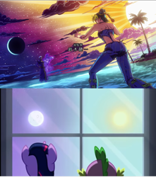 Size: 1020x1156 | Tagged: safe, edit, edited screencap, screencap, spike, twilight sparkle, alicorn, dragon, human, pony, g4, princess twilight sparkle (episode), anime, enrico pucci, female, jojo reference, jojo's bizarre adventure, jolyne cujoh, male, mare, stand, stone ocean, twilight sparkle (alicorn), whitesnake