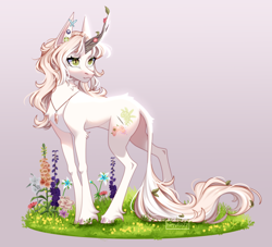 Size: 3000x2728 | Tagged: safe, artist:ohhoneybee, oc, oc:hazel (doekitty), pony, unicorn, butt, female, flower, high res, mare, plot, simple background, solo, wood horn