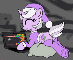 Size: 4400x3600 | Tagged: safe, artist:littlenaughtypony, oc, oc only, oc:cushy dreams, pony, unicorn, :p, animated, butt, clothes, computer, cute, dock, frog (hoof), game, gif, glasses, hat, laptop computer, nightcap, ocbetes, playing, plot, shaking hoof, smiling, socks, tail, tongue out, underhoof, wiggling