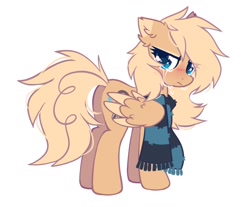 Size: 1300x1074 | Tagged: safe, artist:mirtash, oc, oc only, oc:mirta whoowlms, pegasus, pony, butt, clothes, colored wings, colored wingtips, crying, ear fluff, floppy ears, looking at you, looking back, looking back at you, plot, sad, scarf, simple background, solo, striped scarf, teary eyes, white background, wings