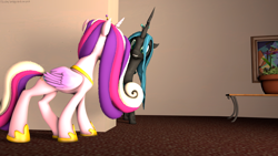 Size: 3840x2160 | Tagged: safe, artist:derpy_fan, princess cadance, queen chrysalis, alicorn, changeling, changeling queen, pony, g4, 3d, crown, duo, female, high res, jewelry, mare, regalia, smiling, source filmmaker