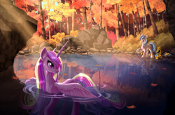 Size: 1844x1215 | Tagged: safe, artist:harwick, princess cadance, shining armor, alicorn, fish, pony, unicorn, g4, armor, beautiful, cottagecore, crepuscular rays, duo, female, forest, husband and wife, leaves, male, mare, reflection, romance, romantic, royal guard armor, scenery, scenery porn, ship:shiningcadance, shipping, slender, smiling, stallion, sternocleidomastoid, straight, thin, tree, water, wet, wet mane