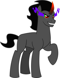 Size: 1755x2279 | Tagged: safe, artist:lightningbolt, derpibooru exclusive, king sombra, pony, unicorn, g4, .svg available, antagonist, curved horn, fangs, gradient horn, grin, horn, male, raised hoof, short tail, show accurate, simple background, smiling, solo, sombra eyes, stallion, svg, tail, transparent background, vector