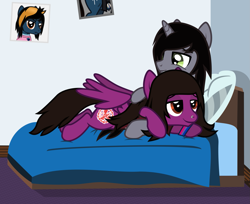 Size: 2047x1670 | Tagged: safe, artist:lightningbolt, derpibooru exclusive, pegasus, pony, unicorn, g4, .svg available, bed, clothes, disguise, disguised siren, duo, duo male, fangs, happy, horn, kellin quinn, lidded eyes, looking at each other, looking at someone, lying down, lying on bed, male, nose piercing, on bed, partially open wings, petting, picture, pierce the veil, piercing, ponified, prone, shirt, show accurate, sleeping with sirens, slit pupils, stallion, svg, t-shirt, vector, vic fuentes, wings, wristband