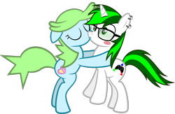 Size: 3962x2588 | Tagged: safe, artist:akakun, oc, oc only, oc:greenish fury, oc:smiley beam, earth pony, pony, unicorn, 2023 community collab, derpibooru community collaboration, blushing, couple, duo, ear piercing, earring, glasses, high res, jewelry, kiss on the lips, kissing, piercing, simple background, transparent background