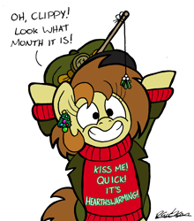 Size: 1540x1753 | Tagged: safe, artist:bobthedalek, oc, oc only, oc:bubble pump, earth pony, pony, christmas, christmas tree, clothes, cute, ear piercing, earring, female, happy, hat, hearth's warming, holiday, jacket, jewelry, mare, mistletoe, piercing, simple background, smiling, solo, sweater, tree, white background