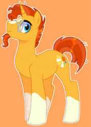 Size: 2955x4096 | Tagged: safe, artist:inayurinai01, sunburst, pony, unicorn, g4, blaze (coat marking), coat markings, facial markings, glasses, male, orange background, simple background, smiling, socks (coat markings), solo, stallion