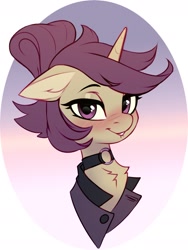 Size: 1372x1827 | Tagged: safe, artist:taneysha, oc, oc only, oc:lavrushka, pony, unicorn, blushing, bust, chest fluff, choker, lidded eyes, lip bite, looking at you, smiling, smiling at you, solo