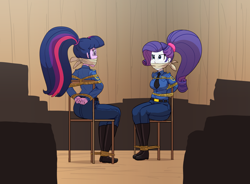 Size: 5754x4243 | Tagged: safe, artist:carnifex, rarity, twilight sparkle, human, equestria girls, g4, arm behind back, belt, bondage, boots, bound and gagged, cloth gag, clothes, denim, gag, jeans, necktie, pants, police, ponytail, shirt, shoes, tied to chair, tied up