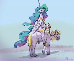 Size: 4096x3398 | Tagged: safe, artist:alumx, princess celestia, alicorn, horse, pony, butt, eyes closed, female, high res, hoof hold, horse riding a horse, majestic as fuck, mare, plot, ponies riding horses, reins, riding, smiling