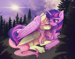 Size: 3500x2760 | Tagged: safe, artist:yumkandie, fluttershy, twilight sparkle, alicorn, pegasus, pony, blushing, chest fluff, cloud, commission, cuddling, duo, duo female, ear fluff, eyebrows, eyes closed, female, folded wings, forest, freckles, high res, hug, lens flare, lesbian, lying down, mare, one eye closed, prone, shipping, signature, sky, smiling, sun, tree, twilight sparkle (alicorn), twishy, winghug, wings