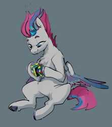 Size: 4265x4821 | Tagged: safe, artist:alumx, zipp storm, pegasus, pony, g5, absurd resolution, belly, colored wings, dexterous hooves, eyebrows, female, gray background, hoof hold, mare, multicolored wings, partially open wings, rubik's cube, simple background, sitting, smiling, solo, wings