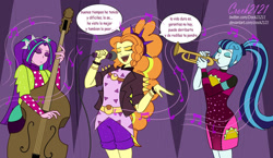 Size: 1173x681 | Tagged: safe, artist:crock2121, adagio dazzle, aria blaze, sonata dusk, human, comic:another world, equestria girls, g4, my little pony equestria girls: better together, double bass, female, greenbutt pants, microphone, music festival outfit, music notes, musical instrument, singing, spanish, taco dress, translation request, trio, trumpet