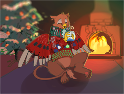 Size: 4653x3521 | Tagged: safe, artist:alumx, oc, oc only, oc:gunther steele, griffon, absurd resolution, christmas, christmas tree, clothes, fire, fireplace, holiday, mug, scarf, solo, sweater, tree, wing sweater