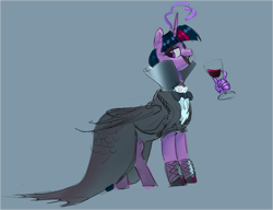 Size: 4173x3210 | Tagged: safe, artist:alumx, twilight sparkle, alicorn, bat pony, bat pony alicorn, pony, g4, bat ponified, bat wings, bowtie, cloak, clothes, collar, fangs, female, glass, gray background, hand, high res, horn, magic, magic hands, mare, open mouth, open smile, race swap, simple background, smiling, solo, twibat, wine glass, wings