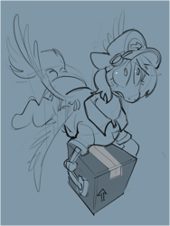 Size: 1298x1726 | Tagged: safe, artist:alumx, oc, oc only, pegasus, pony, amputee, blue background, box, cap, carrying, flying, hat, mailpony, monochrome, package, prosthetic leg, prosthetic limb, prosthetics, simple background, sketch, solo