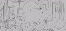 Size: 2163x1027 | Tagged: safe, artist:thelunarmoon, princess celestia, twilight sparkle, oc, pony, g4, clothes, dress, sketch, traditional art