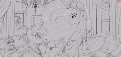 Size: 2163x1027 | Tagged: safe, artist:thelunarmoon, princess celestia, twilight sparkle, oc, pony, g4, clothes, dress, sketch, traditional art