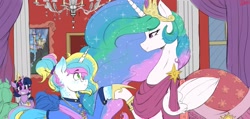 Size: 2163x1027 | Tagged: safe, artist:thelunarmoon, princess celestia, twilight sparkle, oc, oc:lunar moon, alicorn, pony, unicorn, g4, chandelier, clothes, colored, coronation dress, crown, dancing, dress, female, gala dress, glasses, grin, jewelry, male, mare, mother and child, mother and son, offspring, parent:princess celestia, regalia, second coronation dress, sketch, smiling, sparkly mane, stallion, sternocleidomastoid, traditional art, window