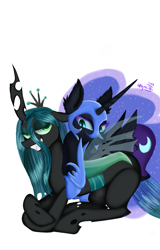 Size: 1275x1997 | Tagged: safe, artist:4agonism, nightmare moon, queen chrysalis, alicorn, changeling, changeling queen, pony, g4, antagonist, crossed arms, cuddling, duo, evil grin, female, folded wings, grin, horn, jewelry, lesbian, lying down, on top, prone, regalia, ship:chrysmoon, shipping, signature, simple background, smiling, those gay horses, white background, wings