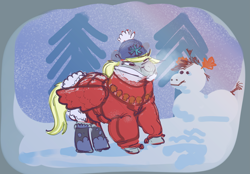 Size: 5879x4091 | Tagged: safe, artist:alumx, derpy hooves, pegasus, pony, g4, absurd resolution, bundled up, bundled up for winter, clothes, coat, cute, derpabetes, female, hat, mare, smiling, snowpony, solo, winter outfit