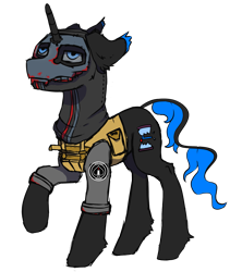 Size: 2095x2480 | Tagged: safe, artist:hrabiadeblacksky, oc, oc only, oc:hrabia de black sky, ghost, hybrid, original species, pony, undead, unicorn, 2023 community collab, derpibooru community collaboration, blood, blue eyes, call of duty, call of duty: modern warfare 2, clothes, high res, hourglass, male, mask, red paint, shadow company, simple background, solo, stallion, transparent background, uniform, vest